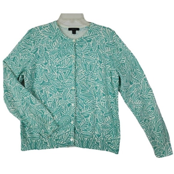 Lands' End ~Woman Size M~ White/Green Long Sleeve Button Up Baumwolle Sweater. - Picture 1 of 12